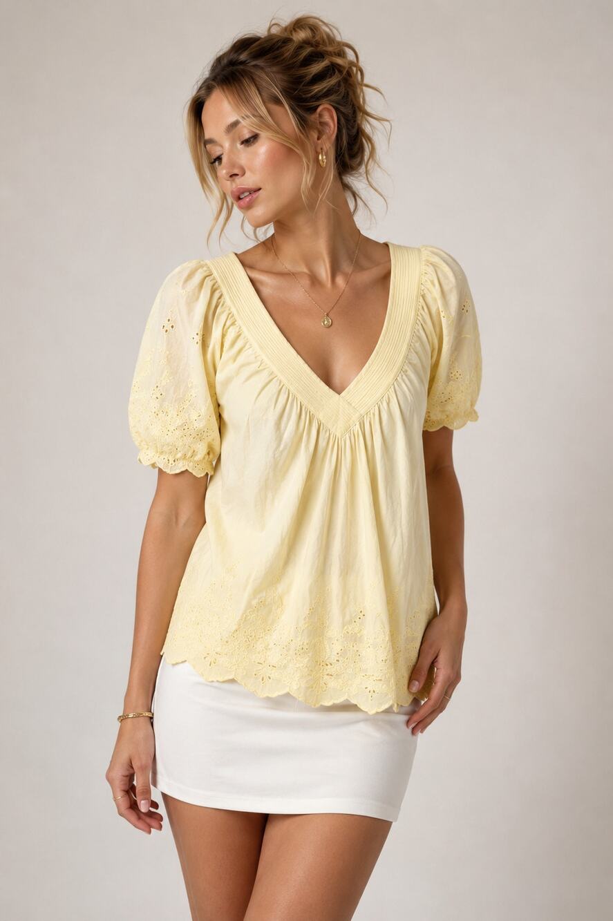 Joie Yellow Eyelet Puff Sleeve V Neck Blouse Womens XS Boho Romantic Girly